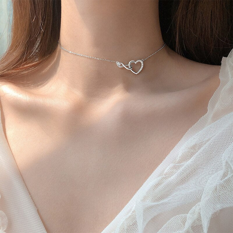 Women 925 Sterling Silver AAA Zircon Diamond Love Heart Necklace Clavicle Chain Fine Jewelry Engagement Gift