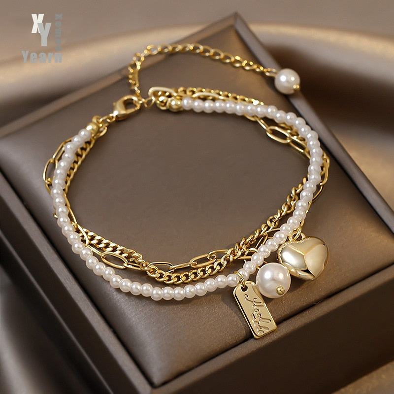 Christmas Gift Super Value Multi Layer Pearl Heart Folded Bracelets Korean Fashion Jewelry Party Girl‘s Elegant Wrist Accessories For Woman