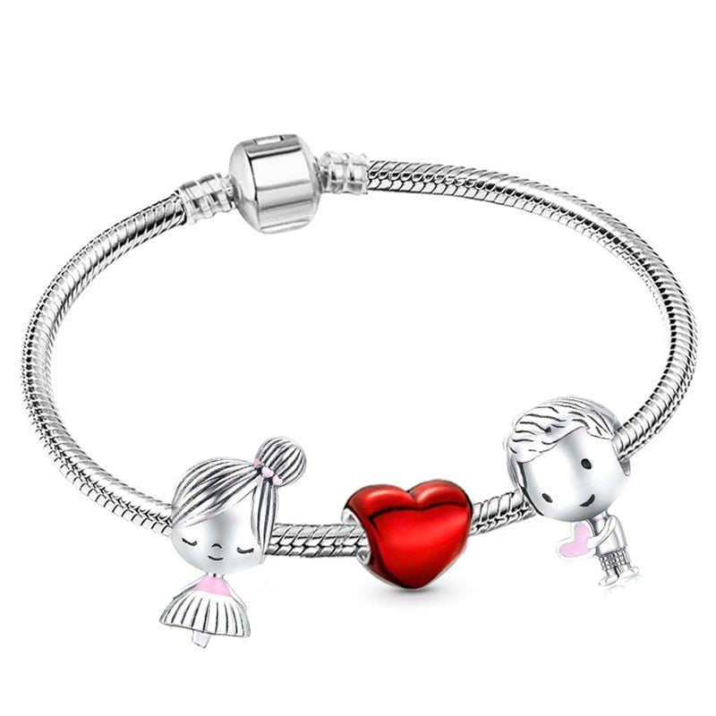 Christmas Gift 2023 New Romantic Heart Enamel Charm Bracelets With Silver Color Boy & Girl Beads Bracelets for Women Valentine's Day Jewelry