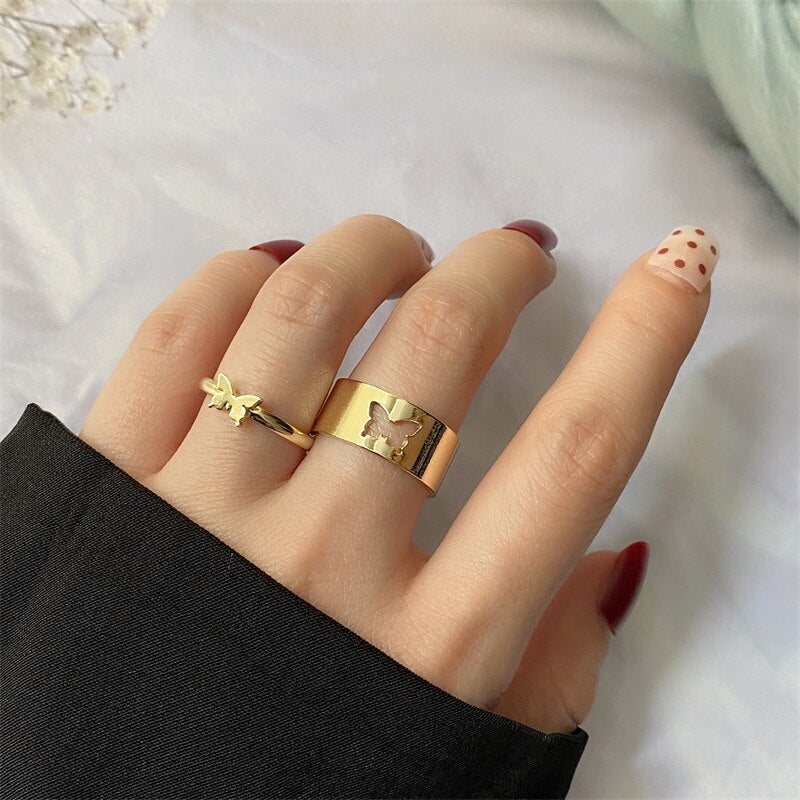 Christmas Gift EN Trendy Gold Butterfly Rings For Women Men Lover Couple Rings Set Friendship Engagement Wedding Open Rings 2024 Jewelry