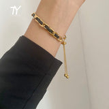 Aveuri Neo Gothic Classic Black Imitation Leather Metal Chain Tassel Bracelets For Woman Korean Fashion Jewelry Hip Hop Girl's Bracelet