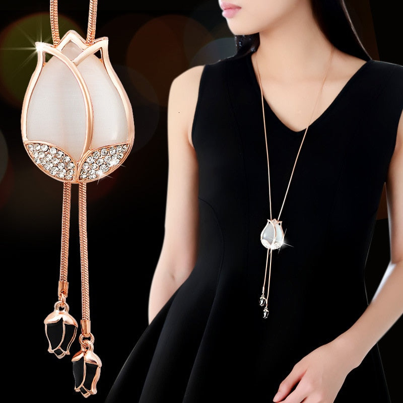 Luxury Long Chain Necklaces & Pendants for Women 2023 Fashion Waterdrop Gray Crystal Necklace Female Collier Femme Party Jewelry