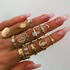 Tocona Vintage Gold Color Craved Flower Cross Crystal Midi Knuckle Rings For Women Punk Metal Flower Geometry Ring Anillos 7056