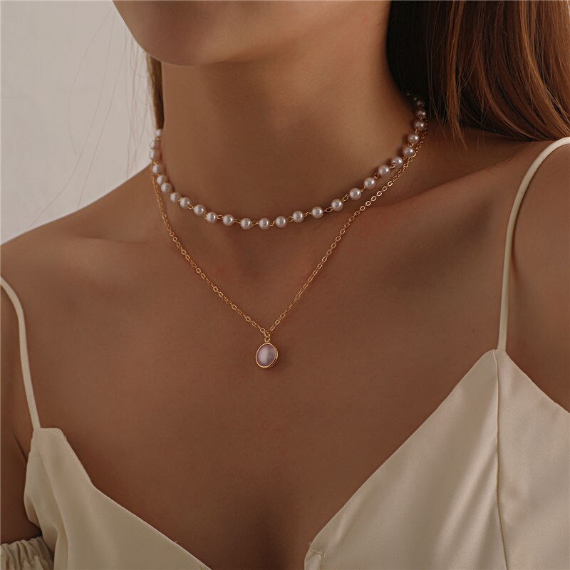 Aveuri 2023 Fashion Vintage Pearls Pendant Choker Necklaces For Women Simple Around Multi Layered Necklaces Statement Clothes Jewelry New