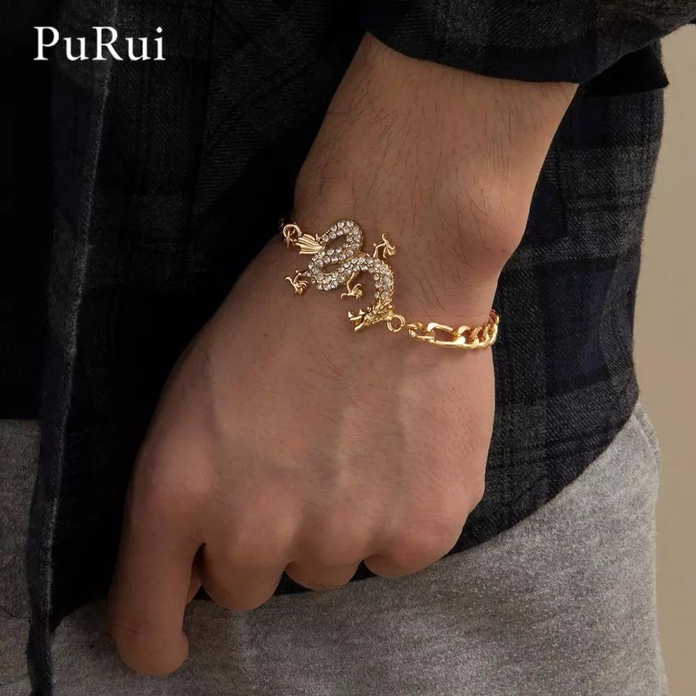 Aveuri Kpop Luxury Crystal Dragon Pendant Bracelet for Women Men Gold Silver Color Metal Cuban Link Chain Bracelet Unisex Wrist Jewerly