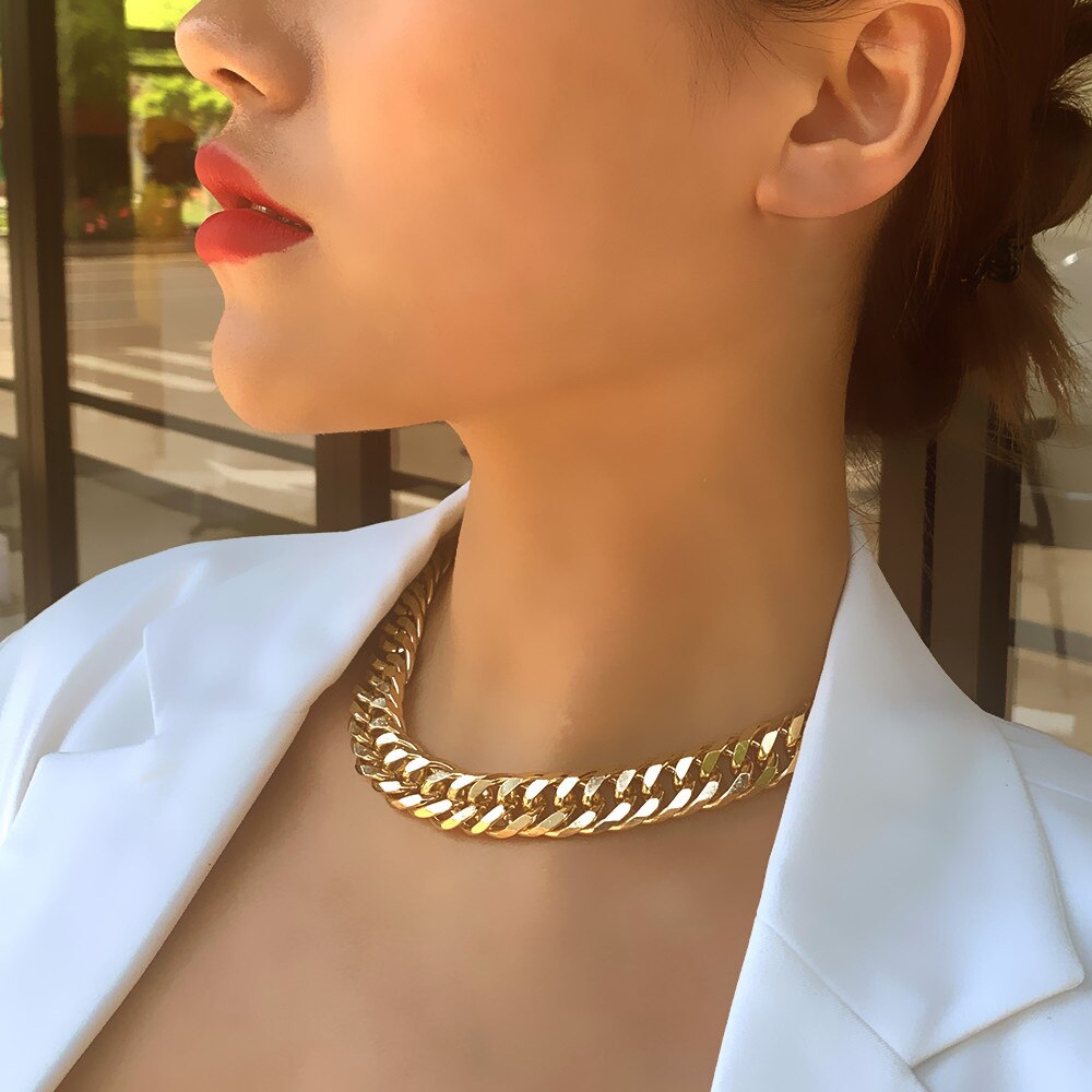 Aveuri 2023 Fashion New Punk Miami Cuban Necklace Collar Statement Aluminum Gold Color Thick Chain Necklace Women Jewelry