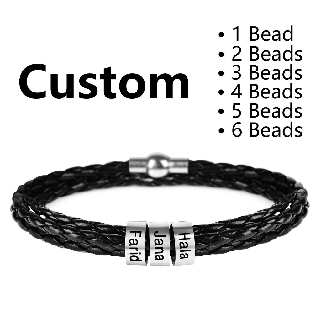 Christmas Gift Personalized Mens Braided Genuine Leather Bracelet Stainless Steel Custom Beads Name Charm Bracelet for Men with Family Names