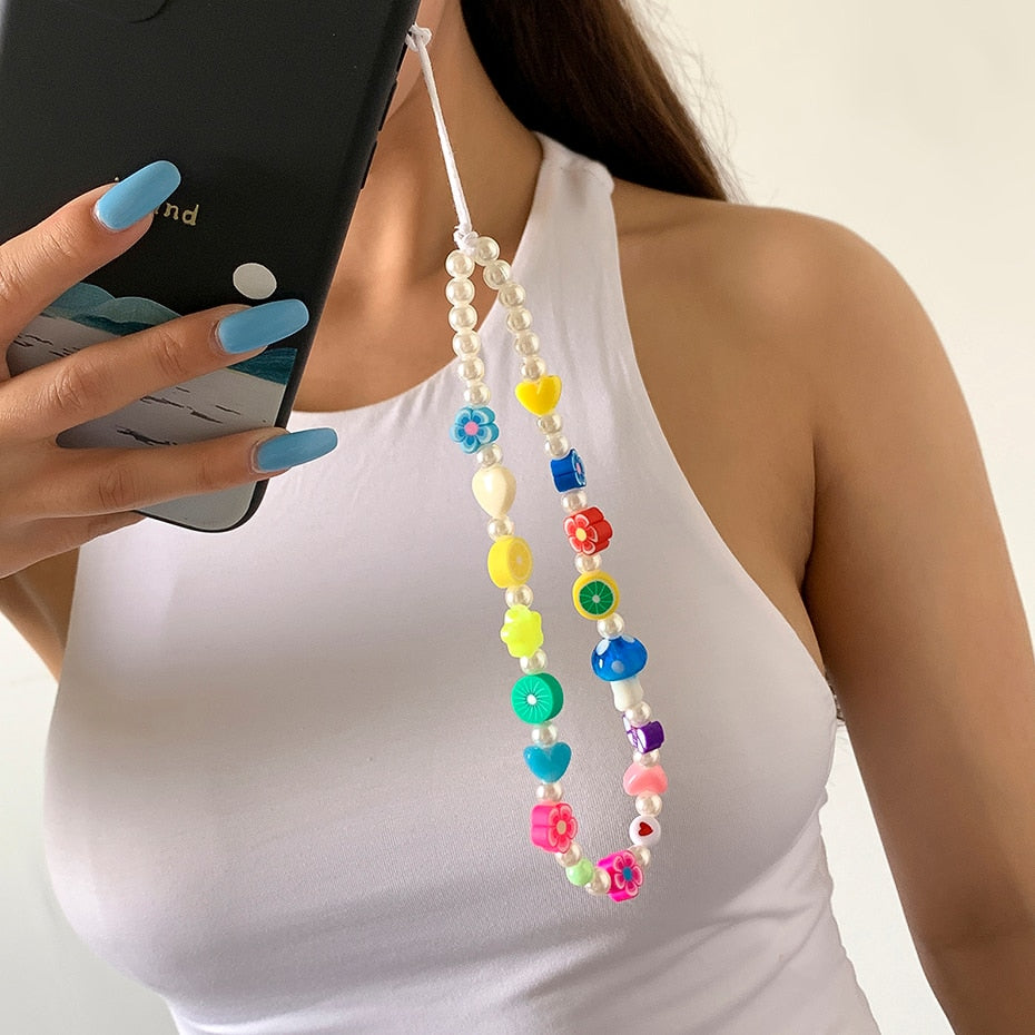 Aveuri 2022 New Ins Trendy Colorful Beads Chain Mobile Phone Chain Anti-Lost Handmade Acrylic Cord Lanyard For Women Jewelry Stochastic