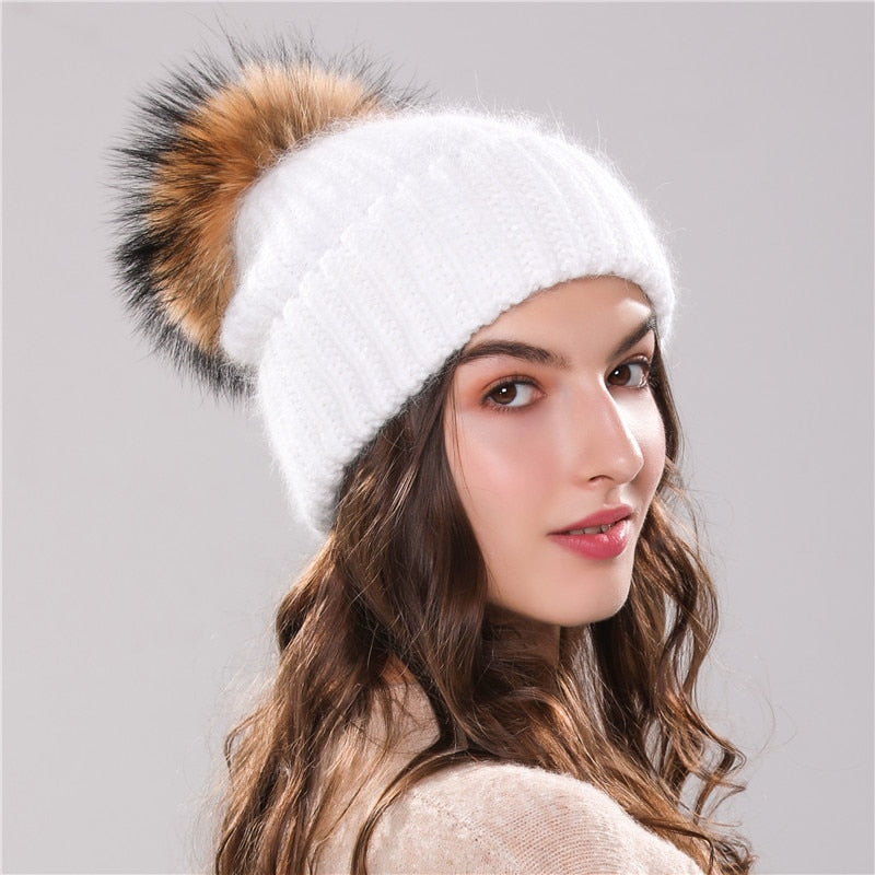 Christmas Gift 70% Angola Rabbit Fur Knitted Hat with Real Fur Pom Pom Hat Skullie Beanie Winter Hat for Women  Girl 's Hat Female Cap