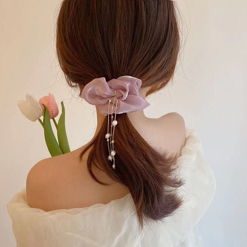 Aveuri 2022 Fabric Wave Hair Bands Fairy Air Pearl Tassel Hair Rope Rubber Band Female Tie Head Pan Hair Balls Head Flower Hair Accessories