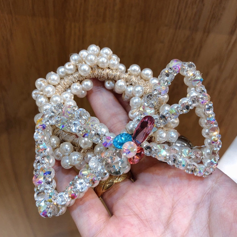 Aveuri 2022 New Hair Accessories Candy-Colored Bow Tie Hair Ring Imitation Pearl Diamond Plate Hair Rubber Band Headdress