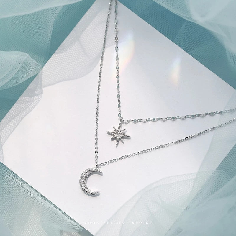 s925 sterling Silver Star Moon Double Necklace Women Clavicle Chain Shiny Diamond  Fashion Jewely Accessories