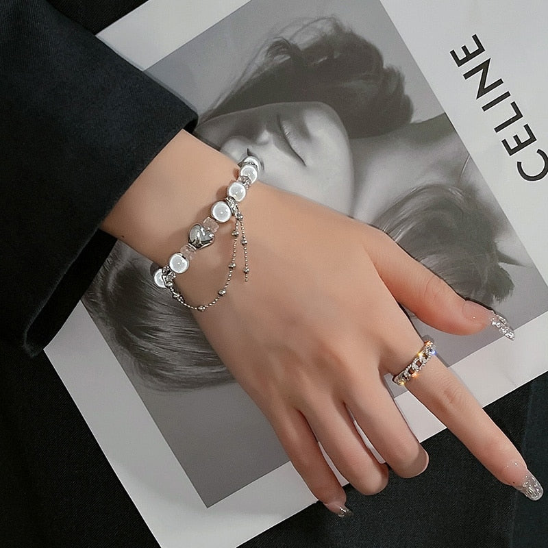 Aveuri Design Sense Reflective Glass bead Heart Tassel Bracelets Korean Fashion Jewelry Gothic Girls Unusual Accessories For Woman