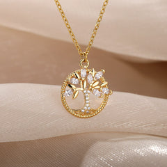 Stainless Steel Necklace For Women Tree of Life Round Pendant Necklace Crystal Rhinestone Collar Jewelry Gift Bijoux Femme