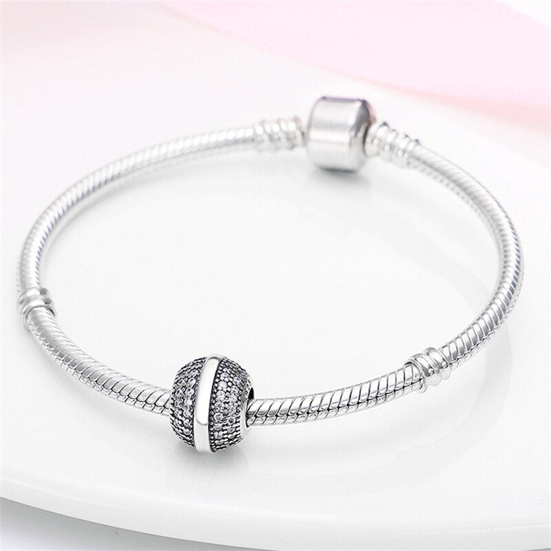 New Silver Color Fits Original Pandach Bracelet Necklace Zircon Surround Beads plate plata de ley 925 Charms Women Jewelry Gift