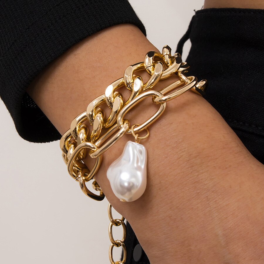 AVEURi 2023 Baroque Pearl Gold Color Rhinestone Chain Bracelets Vintage Bohemian Geometric Heart Charm Bracelet Sets New Jewelry