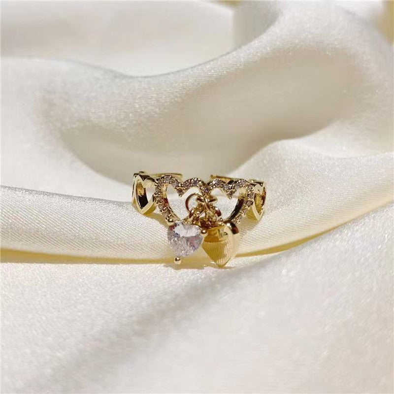 Christmas Gift Design Sweet Zircon Heart Pendant Gold Opening Rings Korean Fashion Jewelry Wedding Girl's Luxury Set Accessories For Woman 2024