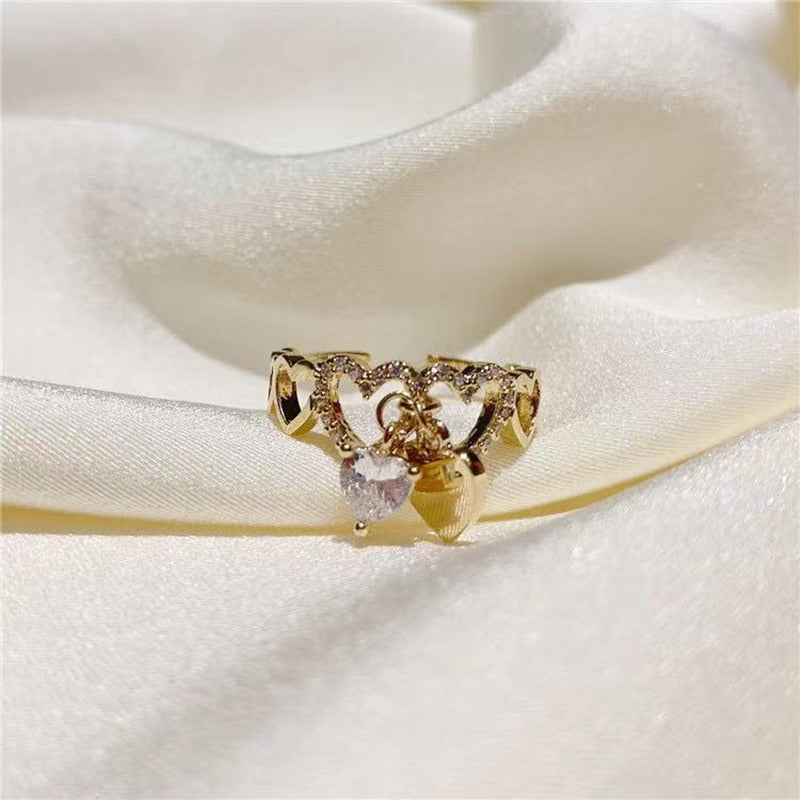 Christmas Gift Design Sweet Zircon Heart Pendant Gold Opening Rings Korean Fashion Jewelry Wedding Girl's Luxury Set Accessories For Woman 2023
