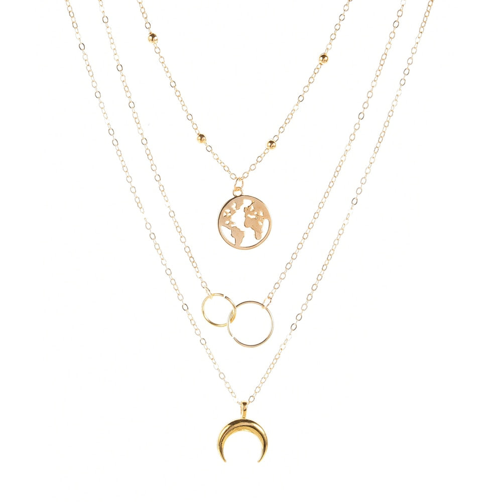 Aveuri New Fashion Retro Moon World Map Circle Pendant Multilayer Gold Colodr Necklace Party Charm Jewelry Accessories For Women