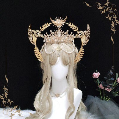 Virgin Mary Halo Bride Crown Bead Chain Baroque Tiara Headwear Lolita Vintage Headband Angel Gold Halo Goddess Headpiece