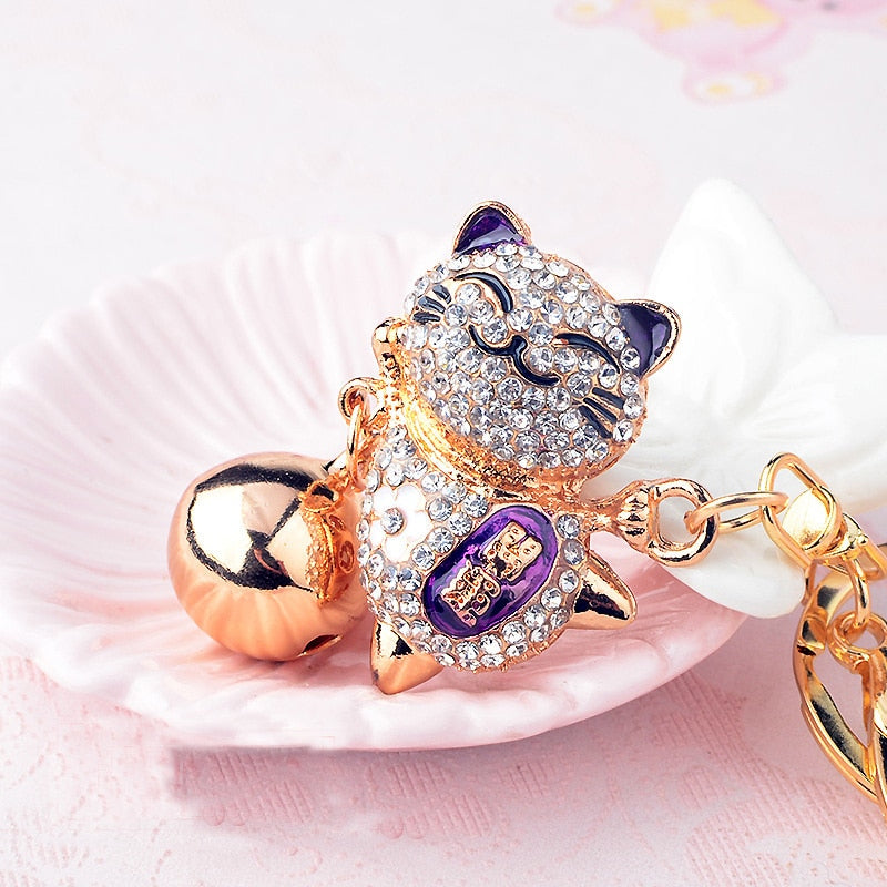 Aveuri Cute Crystal Keychain Women's Alloy Big Bell Rhinestone Japanese Lucky Cat Car Key Chain Girl Bag Pendant Jewelry Keyring Animal