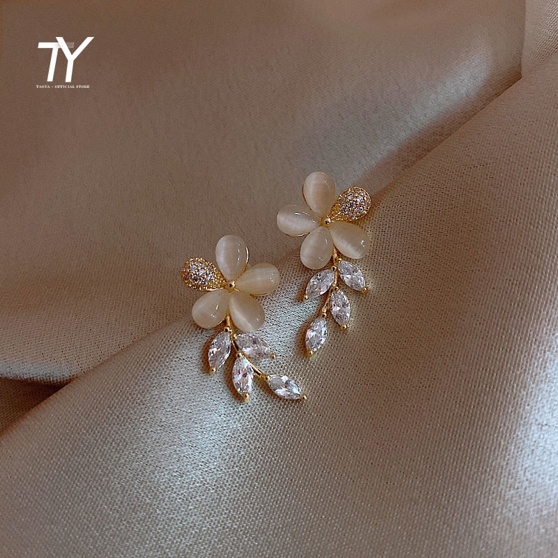 Christmas Gift Classic Opal Flower Zircon Tassel Gold Dangle Earrings For Woman Korean Fashion Jewelry Party Girl's Luxury Elegant Earrings