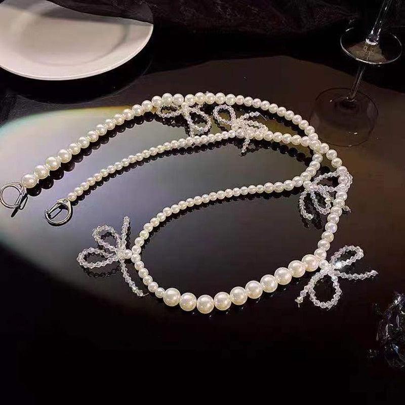 New Fashion Pearl Chain Decorative Strap for Bags Women Suit Dress Belt Transparent Crystal Bow Cute Replacement Waist 2021