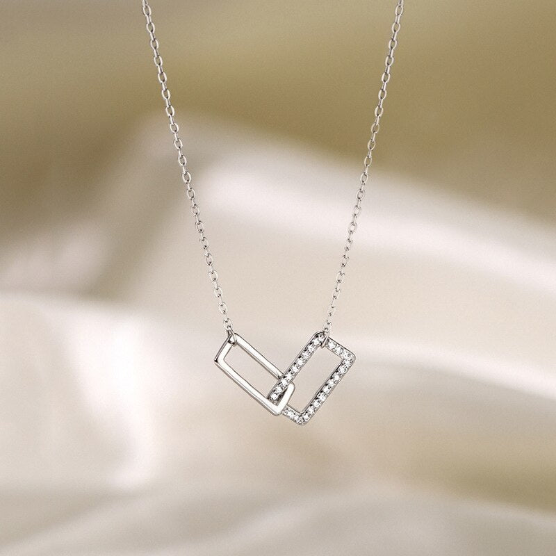 AVEURI New  AVEURI Shiny Rectangle Double Zircon Circle CZ Zirconia Necklaces Pendants Gift For Girl Choker