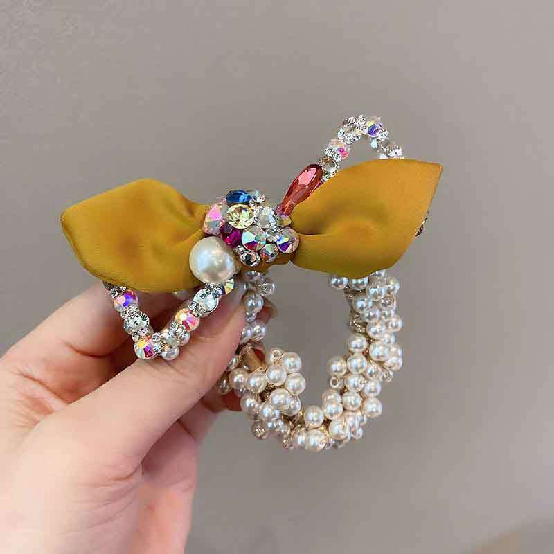 Aveuri 2022 New Hair Accessories Candy-Colored Bow Tie Hair Ring Imitation Pearl Diamond Plate Hair Rubber Band Headdress