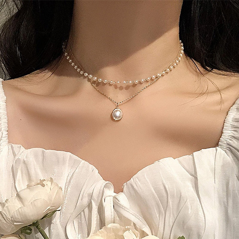 New Beads Women's Neck Chain Kpop Pearl Choker Necklace Gold Color Goth Chocker Jewelry On The Neck Pendant 2023 Collar For Girl