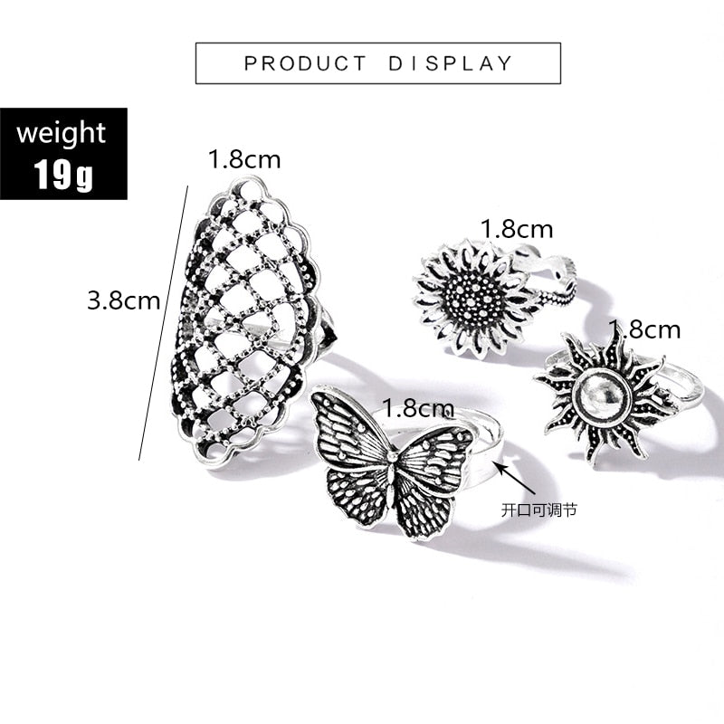 Aveuri 4pcs/sets Vintage Silver Color Butterfly Ring Sets for Women Hollow Geometroc Sun Flowers Party Jewelry Anillo 17325