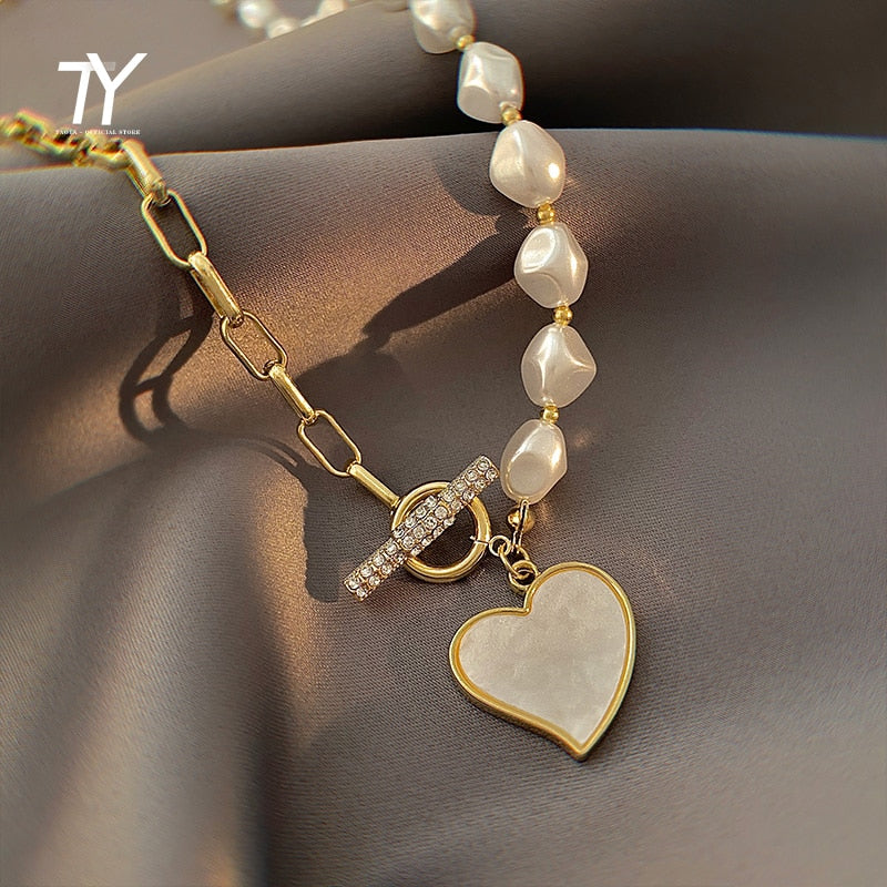 Christmas Gift Imitation Baroque Pearl Titanium Steel Necklace Korean Fashion Heart-Shaped Pendant Jewelry Girl's Sexy Clavicle Chain For Woman