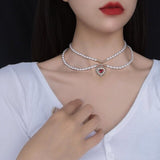 Aveuri 2023 Vintage Romantic Choker Weave Pearls Red Love Heart Short Necklace Rhinestone New Necklace For Women Girls Party Jewelry