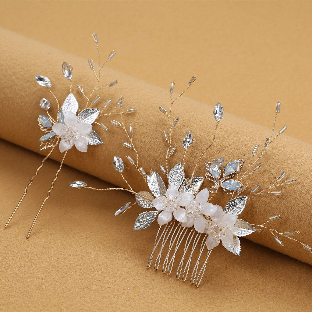 Aveuri Floral Leaf Wedding Hair Comb Pins Set Opal Crystal Bridal Hair Jewelry Accessories Women Headpiece Для Волос Аксессуары 2022