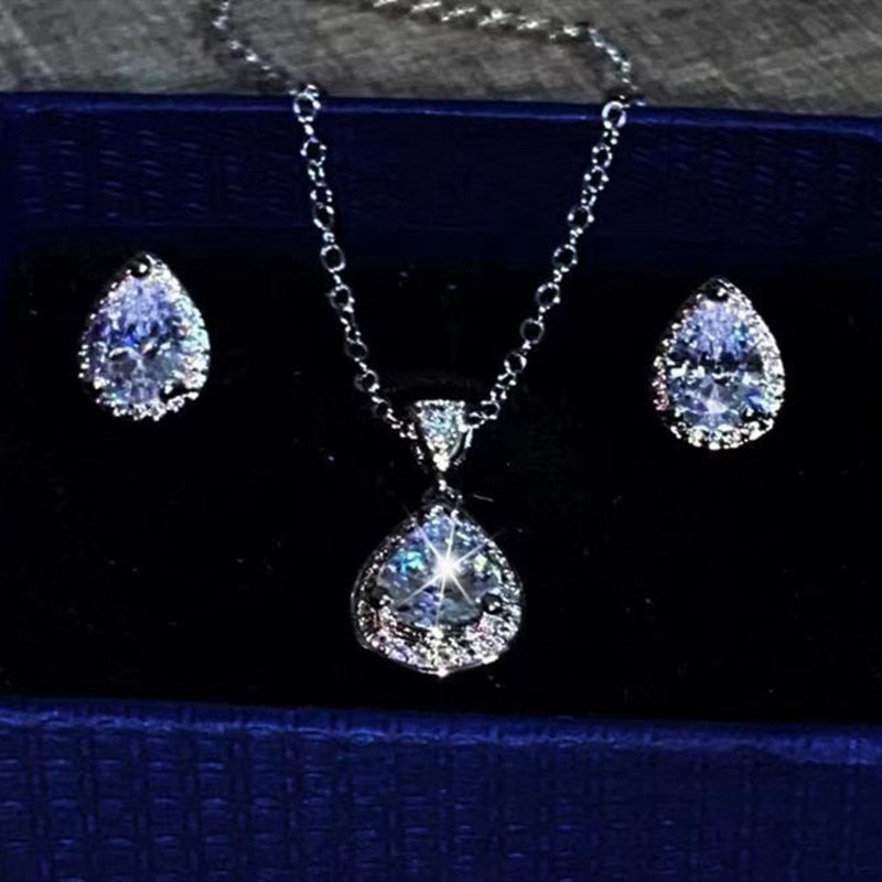 Christmas Gift  Jewelry Sets For Women Silver Cubic Zirconia Water Drop Stud Earrings Necklaces Pendants Fine Jewelry Simple Accessories