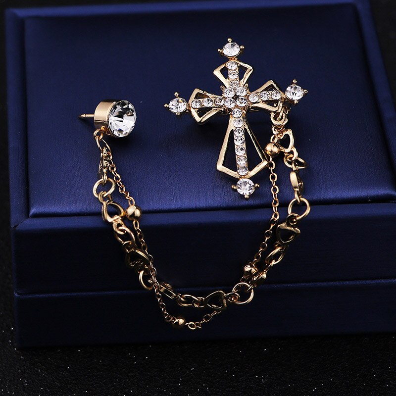 HUISHI Trendy Brooches Reindeer Crown chain Brooch Fashion Metal Cross Dragon Crystal Chain Tassel Badge Pin Collar Accessory