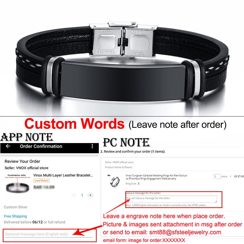 Vnox Multi Layer Leather Bracelets for Men Women Customizable Engraving Stainless Steel Casual Personalized Bangle