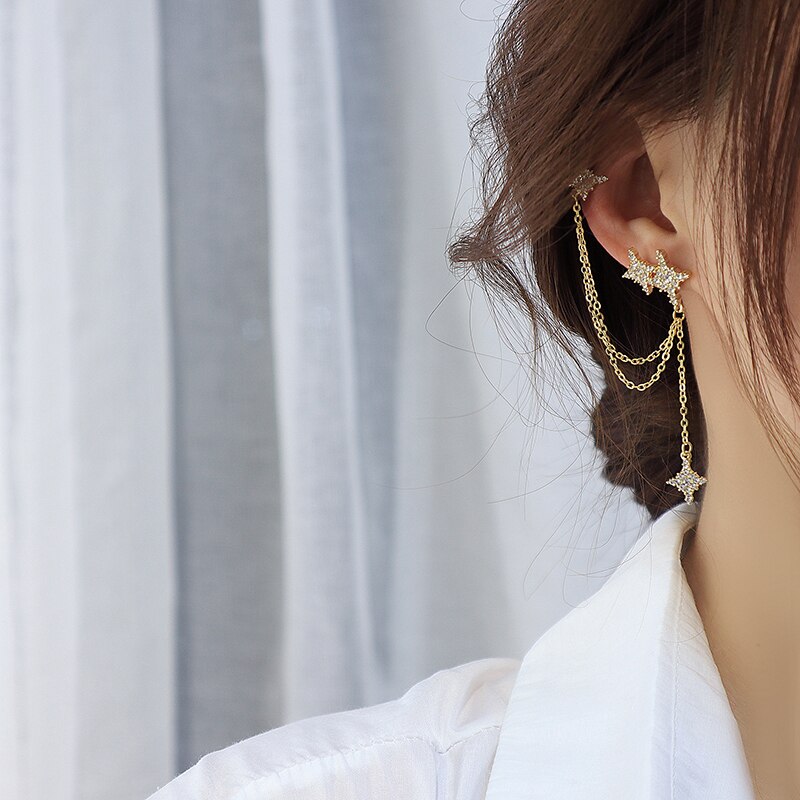 Aveuri Asymmetric Star Rhinestone Long Chain Earrings For Women Ear Clip Shine Zirconia Geometric Tassel Piercing Earring Party Jewelry