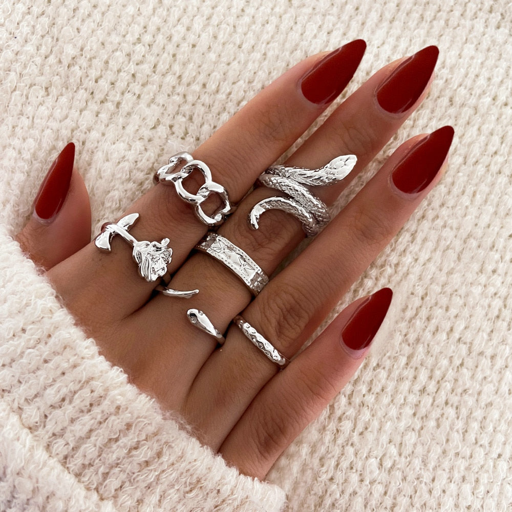 LATS Bohemian Gold Chain Rings Set For Women Fashion Boho Coin Snake Moon Star Rings Party 2023 Female Trend Jewelry Gifts