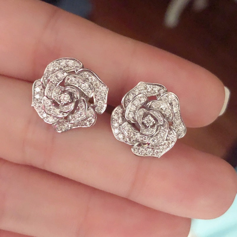 Graduation Gift Fashion Women's Flower Earrings Ear Piercing Stud Crystal CZ Earring Party Anniversary Love Gift Trendy Jewelry Wholesale