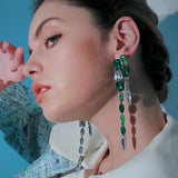 Aveuri INS Gorgeous Rhinestone Green Square Gems Tassel Drop Earrings Jewlery For Women Luxury Crystal Double Rows Long Dangle Earrings