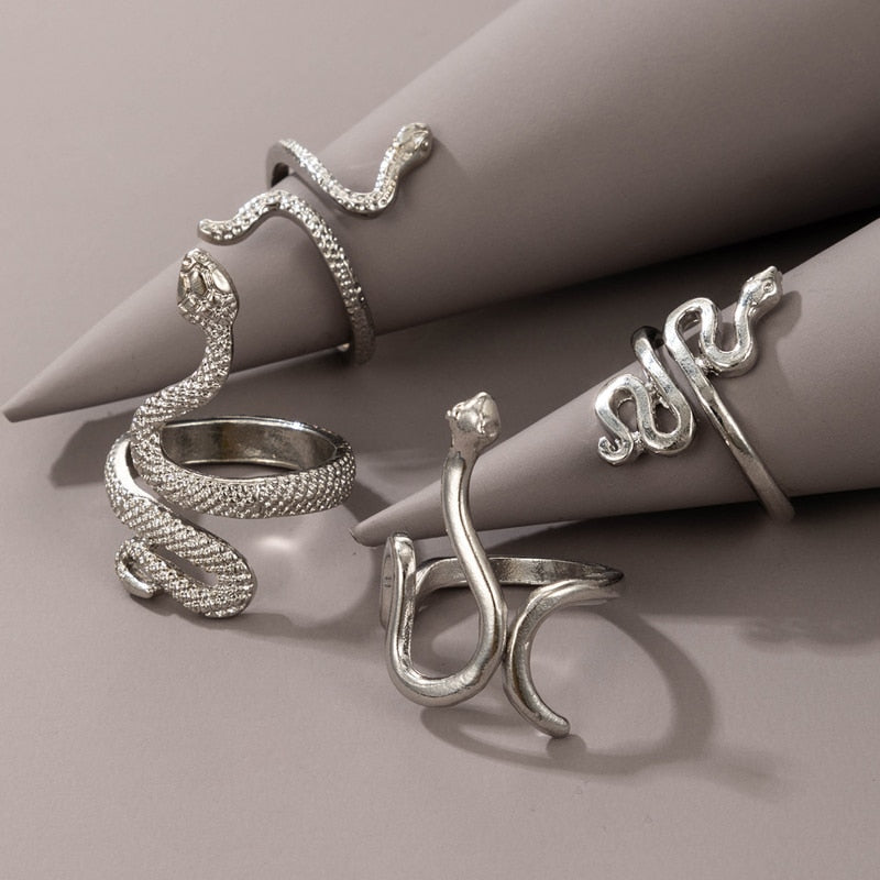 Tocona 4pcs/sets Punk Snake Ring Sets for Women Men Charms Silver Color Alloy Metal Opening Ring Party Jewelry кольца 18866