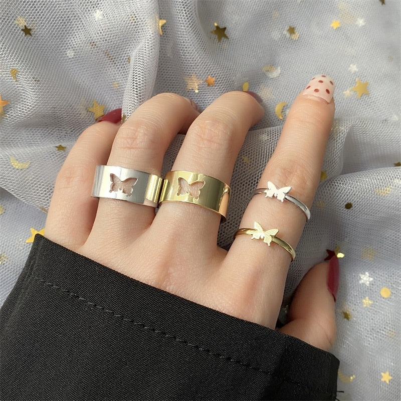 Christmas Gift EN Trendy Gold Butterfly Rings For Women Men Lover Couple Rings Set Friendship Engagement Wedding Open Rings 2024 Jewelry