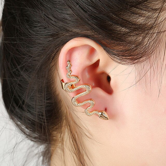 Aveuri 2023 New Fashion Punk Snake Shape Hip Hop Crystal Gold Silver Color Metal Plated Stud Cuff Earrings For Women Girls Jewelry