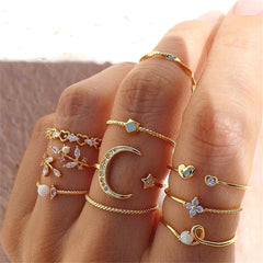 LATS Bohemian Gold Chain Rings Set For Women Fashion Boho Coin Snake Moon Star Rings Party 2023 Female Trend Jewelry Gifts