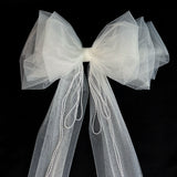 Big White Bow-Knot Women Barrette Beaded Pearls Bridal Headpiece Wedding Hair Clip Accessories Handmade Yarn Bridal Veil