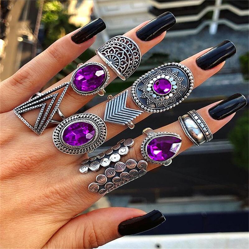 Aveuri Vintage Purple Crystal Knuckle Rings for Women Bohemian Geometric Anel Finger Ring Set Boho Party Anillos Mujer Jewellery 2023