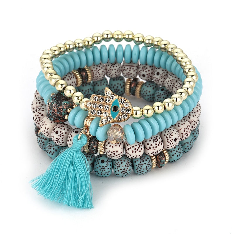 Boho Bead Bracelets & Bangles For Women Fashion Heart Crystal Bracelet Femme Multilayer Tassel Pendant Bijoux Wristband Jewelry