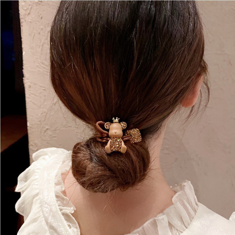 Aveuri 2023 The New Brown Coffee Color Crown Czech Diamond Bear Hair Ring Full Of Diamond Square Hair Rope Ball Head Rope