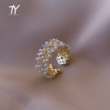 Christmas Gift High Quality Pearl Zircon Gold Open Rings For Woman 2023 New Fashion Korean Jewelry Luxury Party Adjustable Unusual Girl's Ring
